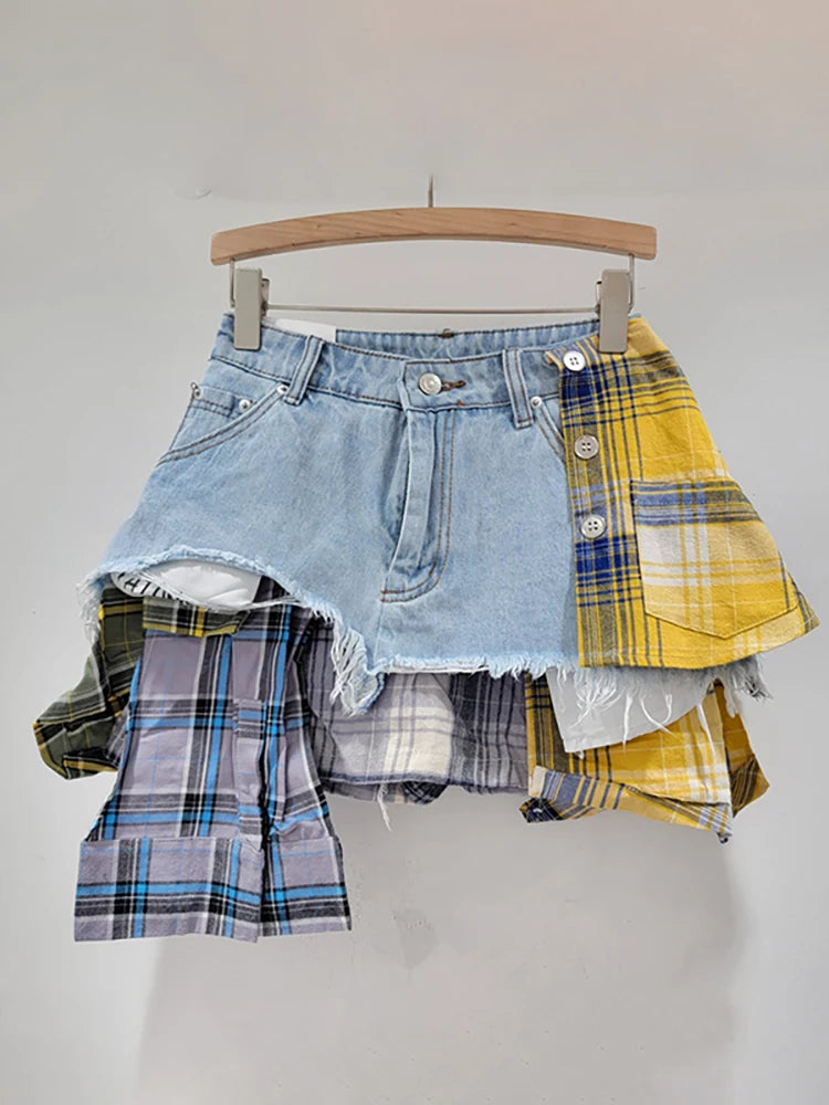 Plaid-ly Deconstructed Denim Diva Skirt